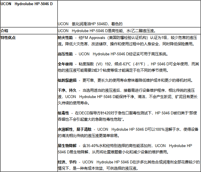 UCON HYDROLUBE HP-5046D阻燃液壓油_上海黎天貿易有限公司